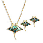 Manta Ray Alloy Abalone Shell Pendant Necklaces & Stud Earrings Sets for Women, Golden, Necklace: 550mm(FS-WGFBE97-01)