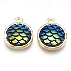 Alloy Resin Charms, Flat Round with Mermaid Fish Scale Shaped, Light Gold, Green, 15x12x4mm, Hole: 1.8mm(PALLOY-T056-24A)