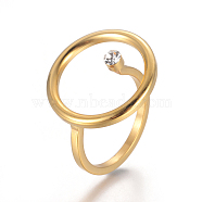 304 Stainless Steel Hollow Finger Rings, with Rhinestone, Flat Round, Golden, Size 7, 17mm(RJEW-I064-18G-17mm)