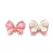 Light Gold Plated Alloy Glass Pendants, Butterfly, Pink, 21.8x28x4.5mm, Hole: 1.5x10mm(PALLOY-CJC0001-33I)