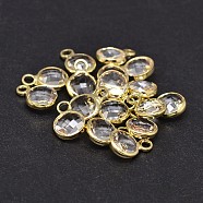 Glass Flat Round Charm, with Golden Plated Brass Findings, Faceted, Clear, 9x6x3mm, Hole: 2mm(KK-L091-08)