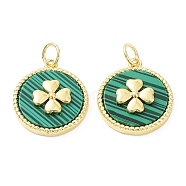 Rack Plating Natural Malachite Pendants, Brass Flat Round Charms with Clover, Cadmium Free & Lead Free, Real 18K Gold Plated, 17x14.5x4mm, Hole: 3.4mm(KK-B076-05G-01)