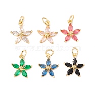 Brass Micro Pave Cubic Zirconia Pendants, with Jump Rings, Cadmium Free & Lead Free, Long-Lasting Plated, Real 18K Gold Plated, Flower, Mixed Color, 15x12.5x3mm, Hole: 3mm(ZIRC-P098-03G)