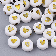 Plating Acrylic Beads, Metal Enlaced, Flat Round with Heart, Golden Plated, 6.5~7x3.7mm, Hole: 1.8mm, about 365pcs/50g(X-PACR-R242-01)