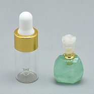 Natural Chrysoprase Openable Perfume Bottle Pendants, with Brass Findings and Glass Essential Oil Bottles, 30~36x18~20x9.5~16mm, Hole: 0.8mm, Glass Bottle Capacity: 3ml(0.101 fl. oz), Gemstone Capacity: 1ml(0.03 fl. oz)(G-E556-01E)