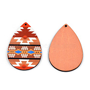 Single Face Printed Basswood Big Pendants, Teardrop Charm, Sienna, 60x40x3mm, Hole: 2mm(WOOD-N006-199-04)