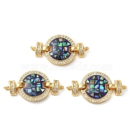 Rack Plating Brass Micro Pave Cubic Zirconia Flat Round Connector Charms, with Enamel & Shell, Real 18K Gold Plated, Long-Lasting Plated, Lead Free & Cadmium Free, Indigo, 15x28x4mm, Hole: 1.4mm(KK-K385-100G-02)