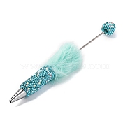 Iron Beadable Pen, Ball-Point Pen, with Polymer Clay Rhinestone & Plush Pompom, for DIY Personalized Pen with Jewelry Beads, Aquamarine, 155x26mm(AJEW-K049-03J)