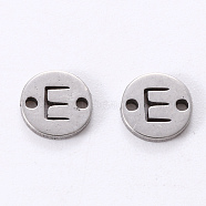 201 Stainless Steel Links, Laser Cut, Flat Round with Letter, Letter.E, 6x6x1mm, Hole: 0.8mm(STAS-R112-01E)