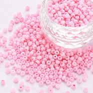 8/0 Opaque Glass Seed Beads, Round Hole, Frosted Colours, Round, Pink, 3~4x2~3mm, Hole: 0.8mm, about 15000pcs/Pound(SEED-S048-N-003)