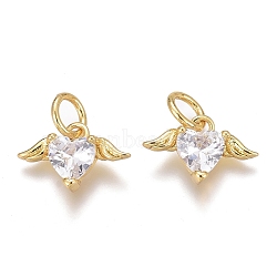 Brass Micro Pave Clear Cubic Zirconia Charms, Long-Lasting Plated, with Jump Rings, Heart with Wing, Real 18K Gold Plated, 8x12x3mm, Hole: 3mm(ZIRC-O035-26G)