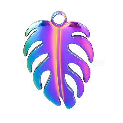 201 Stainless Steel Pendants, Monstera Leaf Charms, Rainbow Color, 27x18x2mm, Hole: 2.5mm(FIND-PW0004-42MC)