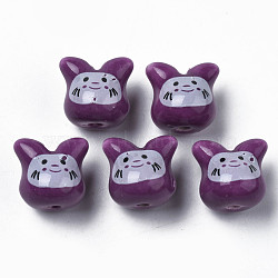 Handmade Porcelain Beads, Famille Rose Style, Cat, Purple, 11.5x12x10.5mm, Hole: 2mm(PORC-T007-04D)