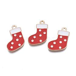 Christmas Alloy Enamel Pendants, Cadmium Free & Lead Free, Light Gold, Christmas Sock, Red, 21x15.5x1.5mm, Hole: 1.8mm(ENAM-Q442-63B)