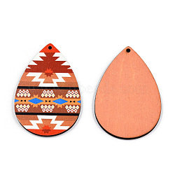 Single Face Printed Basswood Big Pendants, Teardrop Charm, Sienna, 60x40x3mm, Hole: 2mm(WOOD-N006-199-04)