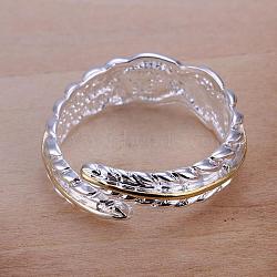 Romantic Feather Adjustable Brass Cuff Rings, Open Rings for Women, Size 6, Silver Color Plated, 16.5mm(RJEW-BB12010)
