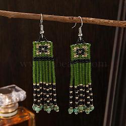 Handmade Bohemian Glass Seed Bead Beaded Chandelier Earrings, Square Tassel Earrings, Green, 75x25mm(DO8227)