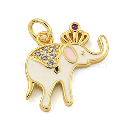 Brass Micro Pave Clear Cubic Zirconia Pendants, with Enamel, Real 18K Gold Plated, Elephant, White, 15x17x2mm, Hole: 3mm(KK-R159-18G-01)