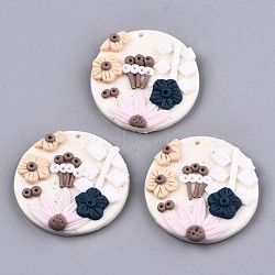 Handmade Polymer Clay Pendants, Flat Round with Flower, Old Lace, 33x6mm, Hole: 2mm(CLAY-N010-020B)