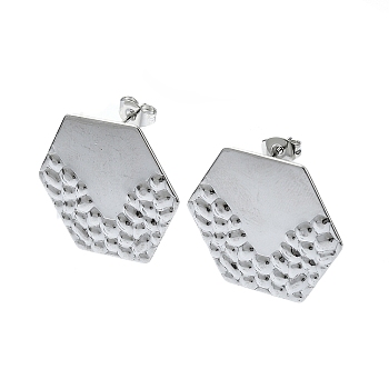 201 Stainless Steel Stud Earrings, with 304 Stainless Steel Pins, Textured Hexagon, Stainless Steel Color, 23x26mm