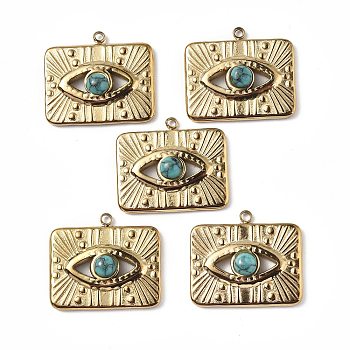 Vacuum Plating 201 Stainless Steel Natural Turquoise Pendants, Real 18K Gold Plated, Rectangle with Eye Charms, 17.5x20.5x4mm, Hole: 1.6mm