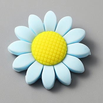 Food Grade Eco-Friendly Silicone Beads, Chewing Beads For Teethers, DIY Nursing Necklaces Making, Sunflower, Aqua, 39.5~40x9.5mm, Hole: 2mm