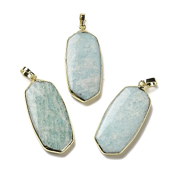 Natural Amazonite Pendants, Oval Charms, with Rack Plating Golden Plated Brass Edge, 35~35.5x15.5x4.5~5mm, Hole: 4x5.5mm