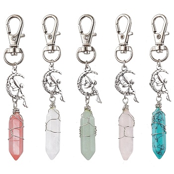 Pointed Natural & Synthetic Gemstone Pendant Decorations, with Alloy Pendants and Swivel Lobster Claw Clasps, Fairy and Bullet, 87mm