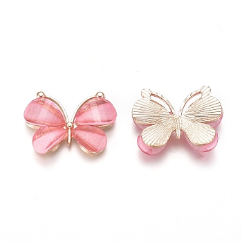 Light Gold Plated Alloy Glass Pendants, Butterfly, Pink, 21.8x28x4.5mm, Hole: 1.5x10mm