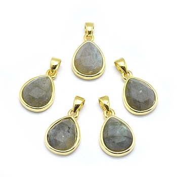 Natural Labradorite Pendants, with Golden Tone Brass Findings, teardrop, Faceted, 14.5x9.5x5mm, Hole: 2.5x3.5mm
