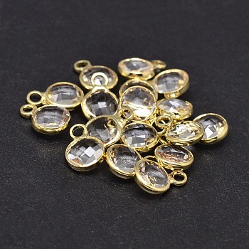Glass Flat Round Charm, with Golden Plated Brass Findings, Faceted, Clear, 9x6x3mm, Hole: 2mm
