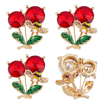 4Pcs Rhinestone Cherry Brooch Pin, Golden Alloy Badge for Backpack Clothes, Light Siam, 30x29x10mm