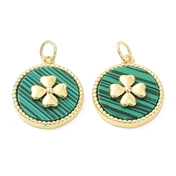 Rack Plating Natural Malachite Pendants, Brass Flat Round Charms with Clover, Cadmium Free & Lead Free, Real 18K Gold Plated, 17x14.5x4mm, Hole: 3.4mm