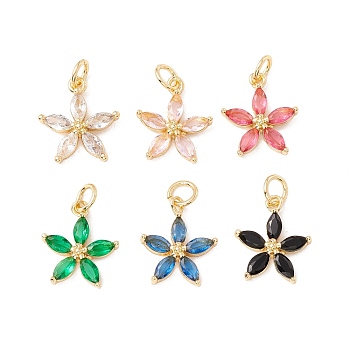 Brass Micro Pave Cubic Zirconia Pendants, with Jump Rings, Cadmium Free & Lead Free, Long-Lasting Plated, Real 18K Gold Plated, Flower, Mixed Color, 15x12.5x3mm, Hole: 3mm