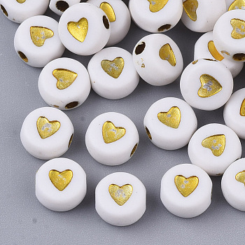 Plating Acrylic Beads, Metal Enlaced, Flat Round with Heart, Golden Plated, 6.5~7x3.7mm, Hole: 1.8mm, about 365pcs/50g