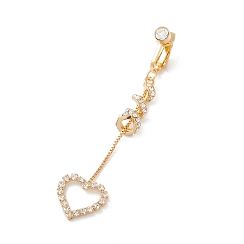 Long Tassel with Heart Crystal Rhinestone Charm Belly Ring, Clip On Navel Ring, Non Piercing Jewelry for Women, Golden, 73mm