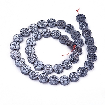Non-magnetic Synthetic Hematite Beads Strands, Flat Round with Anchor and Helm, 10x3mm, Hole: 1mm, about 40pcs/strand, 15.5 inch(39.6cm)