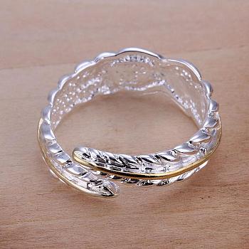 Romantic Feather Adjustable Brass Cuff Rings, Open Rings for Women, Size 6, Silver Color Plated, 16.5mm