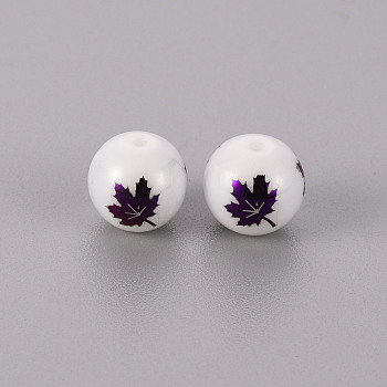 Electroplate Glass Beads, Round, Maple Leaf Pattern, Purple Plated, 10mm, Hole: 1.2mm