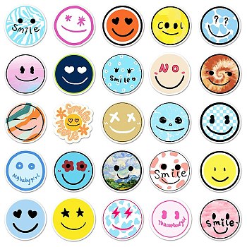 50Pcs PVC Waterproof Smiling Face Stickers, Round Dot Self Adhesive Decals, for DIY Art Craft, Scrapbooking, Greeting Cards, Flat Round, Mixed Color, 55~85mm
