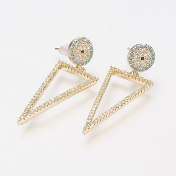 Brass Micro Pave Cubic Zirconia Dangle Ear Studs, Lead Free & Cadmium Free, Triangle, Golden, 42mm, Pin: 0.8mm