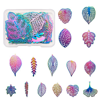 30 Pcs 15 Styles 201 Stainless Steel Filigree Pendants, Etched Metal Embellishments, Leaf, Rainbow Color, 2pcs/style