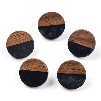 Resin & Walnut Wood Flat Round Stud Earrings with 304 Stainless Steel Pin for Women, Black, 18mm, Pin: 0.7mm