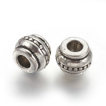 Tibetan Style Alloy European Beads, Lead Free & Nickel Free & Cadmium Free, Barrel, Antique Silver, about 9mm long, 9mm wide, 7mm thick, hole: 4mm