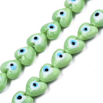 Handmade Evil Eye Lampwork Beads Strands, Heart, Light Green, 12~12.5x12~13x7.5mm, Hole: 1.2mm, about 33pcs/strand, 14.76 inch(37.5cm)