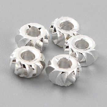 Brass Beads, Long-Lasting Plated, Corrugated Rondelle, 925 Sterling Silver Plated, 4x2mm, Hole: 1.4mm