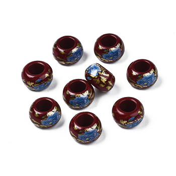 Flower Printed Opaque Acrylic Rondelle Beads, Large Hole Beads, Dark Red, 15x9mm, Hole: 7mm