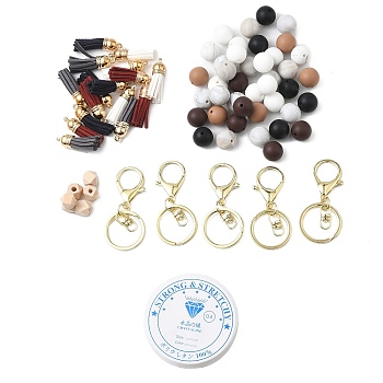 DIY Keychain Making Kits, including Silicone Beads, Wood Beads, Faux Suede Tassel, Mixed Color, 15mm, Hole: 2mm, 7 colors, 6pcs/color, 42pcs