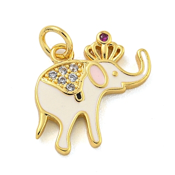 Brass Micro Pave Clear Cubic Zirconia Pendants, with Enamel, Real 18K Gold Plated, Elephant, White, 15x17x2mm, Hole: 3mm