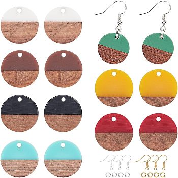 DIY Dangle Earring Making Kits, Including Resin & Walnut Wood Pendants, Brass Earring Hooks, Brass Jump Rings, Flat Round, Mixed Color, Pendant: 18x3.5mm, Hole: 1.5mm, 7 colors, 2pcs/color, 14pcs/box